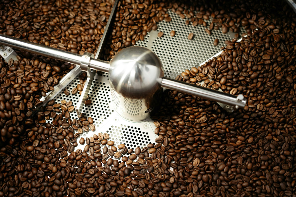 Kaffeebohnen im Kühlsieb einer Röstmaschine / Coffee beans in a roaster cooling tray