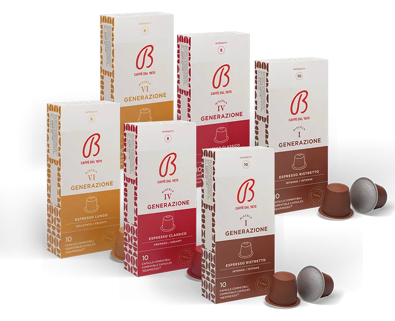 B Caffè Generazioni Kapsel-Probierpaket mit je zwei Packungen I, IV und VI Generazione