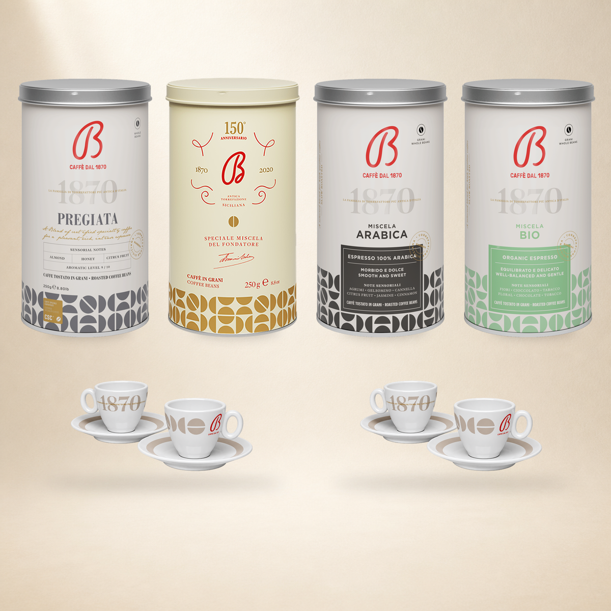 B Caffè Kaffee-Set Classico mit vier 250-g-Kaffeedosen und vier Espressotassen, zweimal Vorderseite und zweimal Rückseite