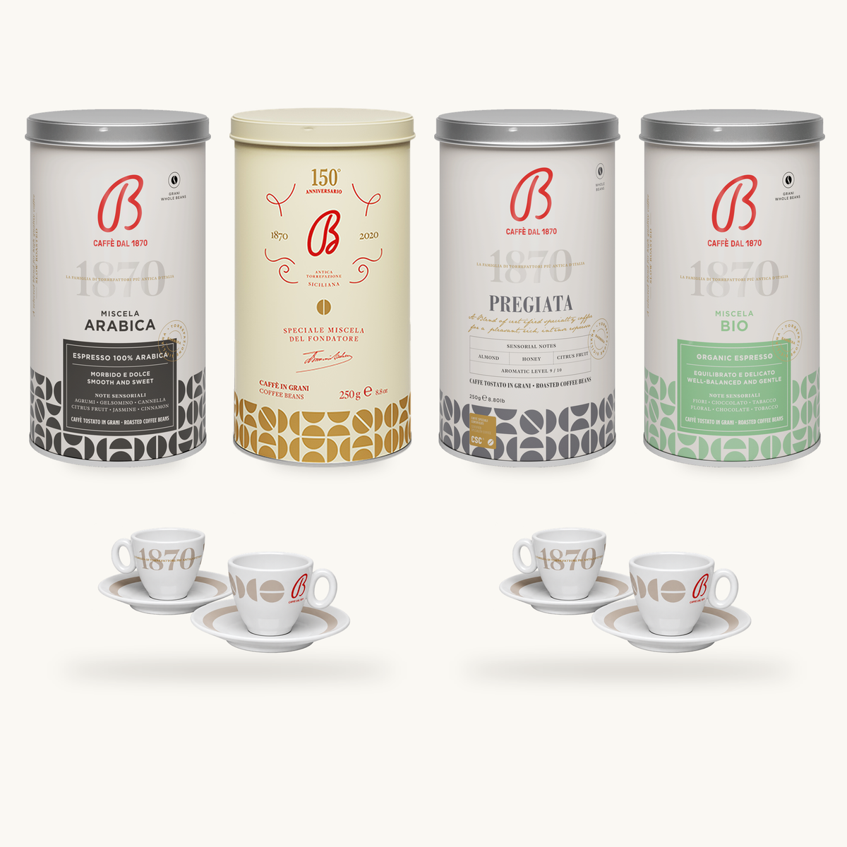 B Caffè Kaffee-Set Classico – Detailansicht mit vier Kaffeedosen und vier Espressotassen, Vorder- und Rückseiten