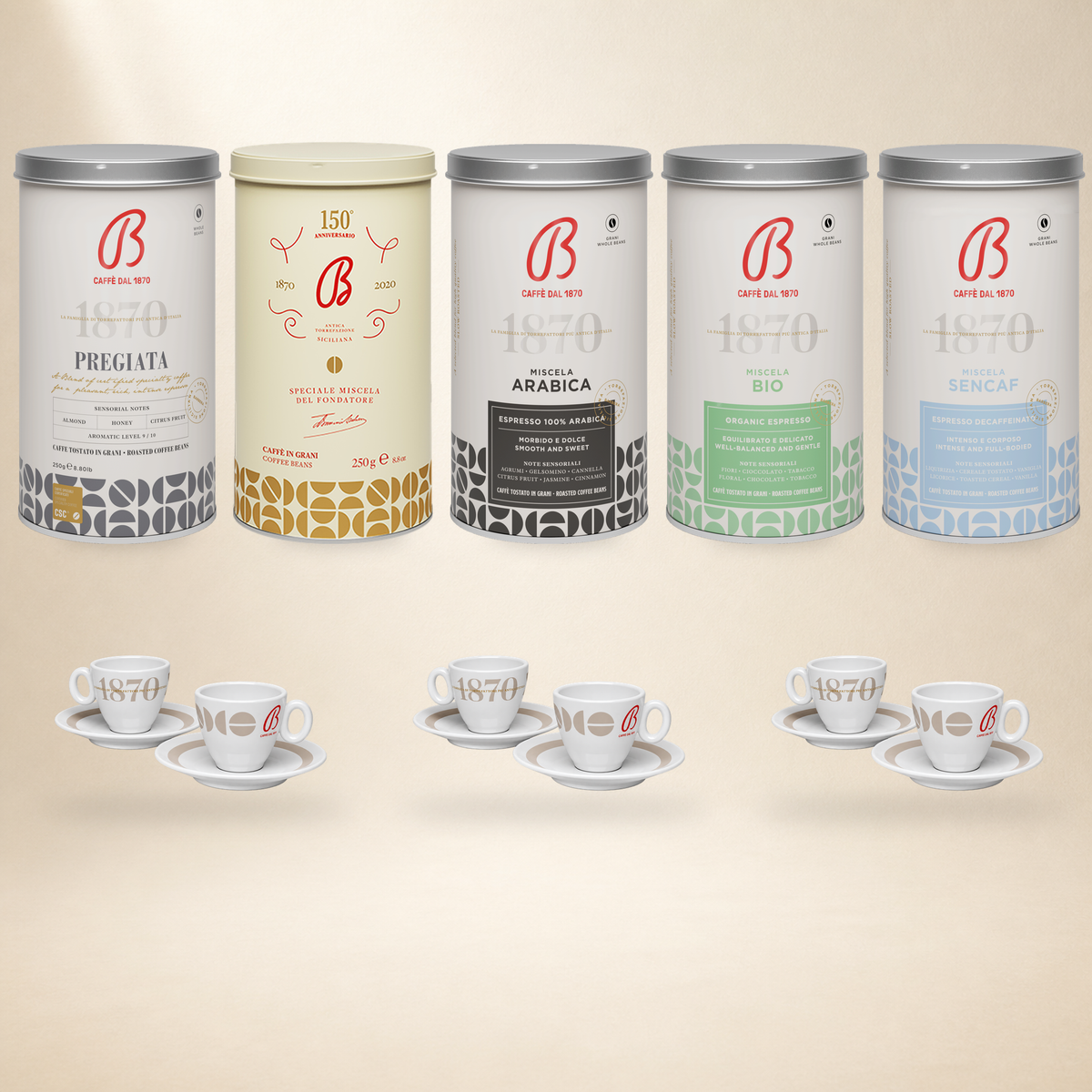 B Caffè Kaffee-Set Grande mit fünf 250-g-Kaffeedosen und sechs Espressotassen, dreimal Vorderseite und dreimal Rückseite