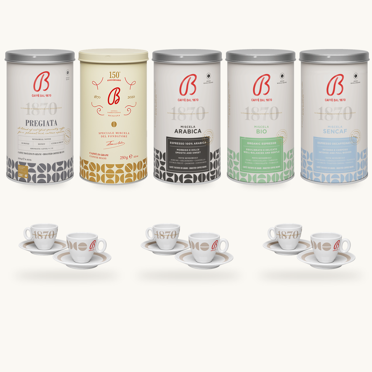 B Caffè Kaffee-Set Grande – Detailansicht mit fünf Kaffeedosen und sechs Espressotassen, Vorder- und Rückseiten