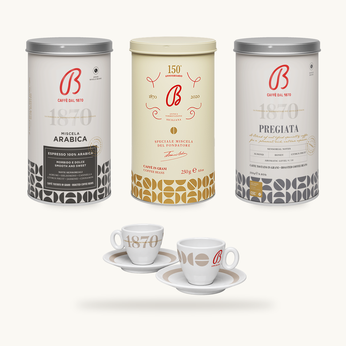 B Caffè Kaffee-Set Piccolo – Detailansicht mit drei Kaffeedosen und zwei Espressotassen, Vorder- und Rückseite
