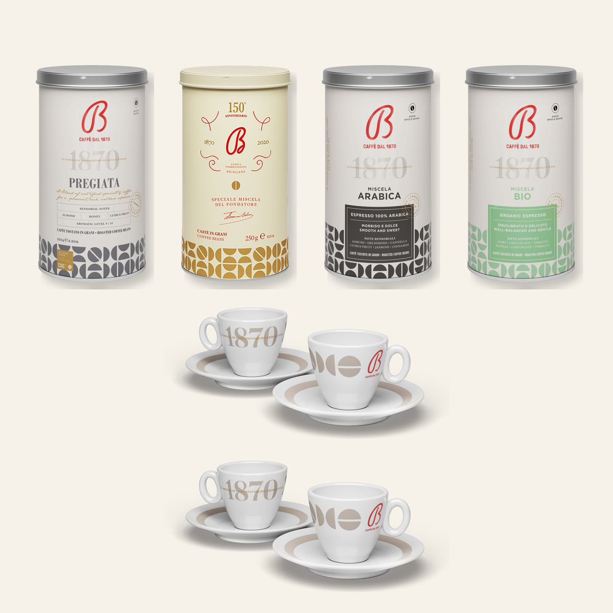 B Caffè Set classico – 4 Dosen und 4 Tassen mit Untertassen