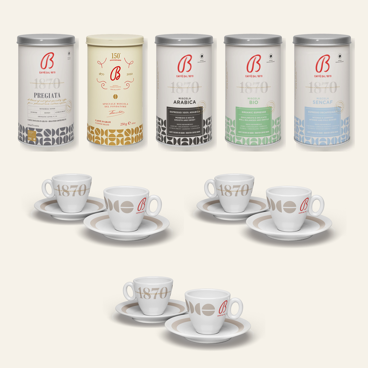 B Caffè Set grande – 5 Dosen und 6 Tassen mit Untertassen
