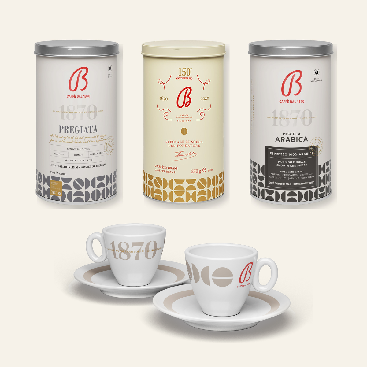 B Caffè Kaffee-Set Piccolo – 3 Dosen & 2 Tassen